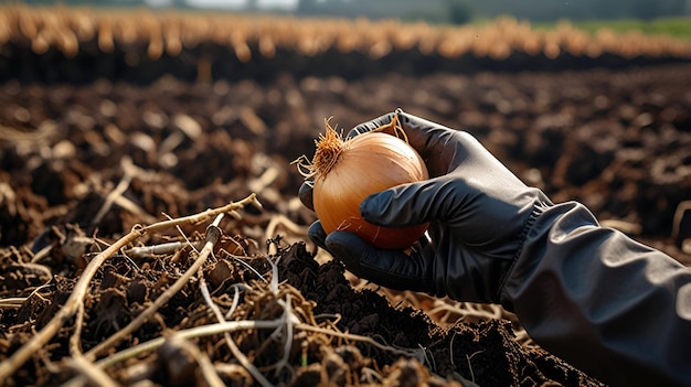 Photo closeup hand with blue glove harvesting onion onion field harvesting ai generative