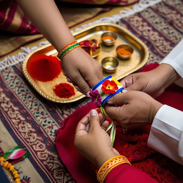 Photo closeup of hand with colorful bracelets resting on petals artistic floral design