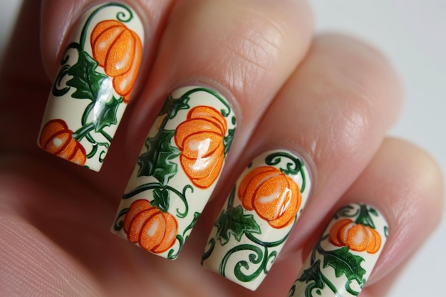 Photo closeup of hand with festive pumpkin patch nail art featuring vibrant orange pumpkins and green vines