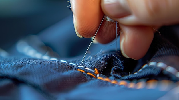 Photo closeup of hand with needle threading in clothes fixing holes