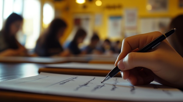 Photo a closeup of a hand writing a exam in class