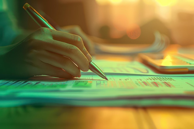 CloseUp of Hand Writing on Financial Report with Warm Lighting for Business Analysis