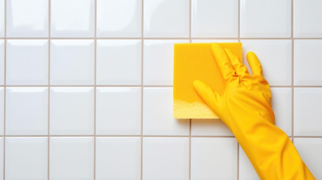 Photo closeup of a hand in a yellow cleaning glove holding an orange sponge wiping down white ceramic tiles