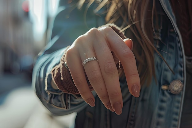 Photo closeup of hand of a young woman in the street