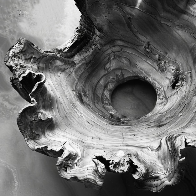 A closeup of a handcarved wooden bowl its rough edges adding to its organic beauty black and white