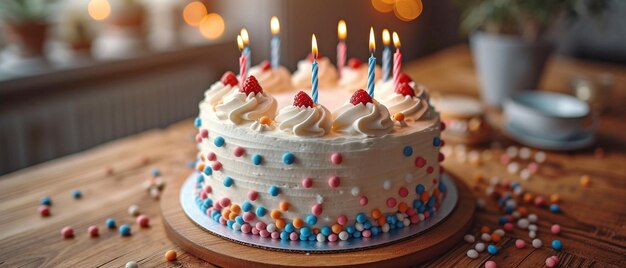 closeup of a handcrafted birthday cake illuminated by bokeh lights and candles