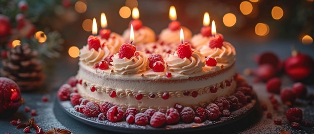 closeup of a handcrafted birthday cake illuminated by bokeh lights and candles