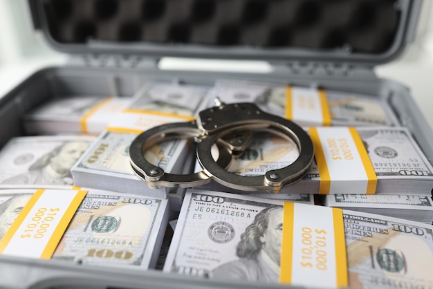 Closeup of handcuffs on stacks of dollar banknotes metal suitcase full of money concept of