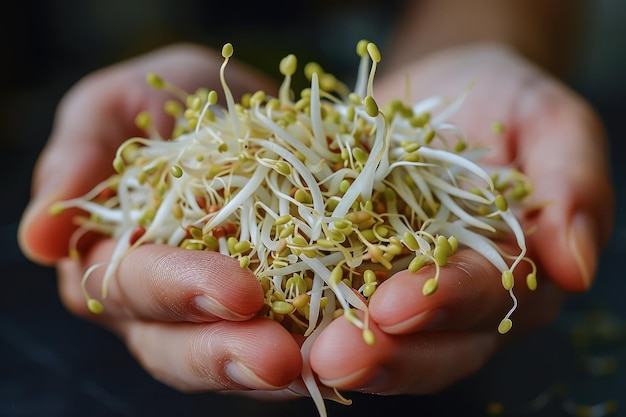 Closeup of a handful of sprouted mung beans showing delicate growth