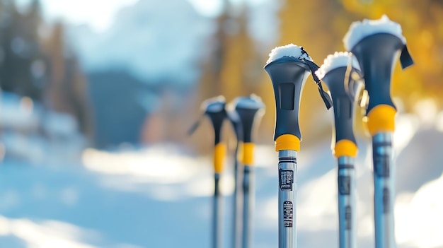 Photo closeup of the handles of four ski poles with snow on the tips