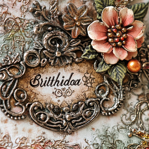 A closeup of a handmade birthday card with intricate details and embellishments