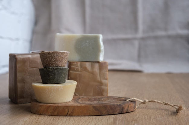 Closeup of handmade soap on a wooden table handmade soap making olive soap selective focus