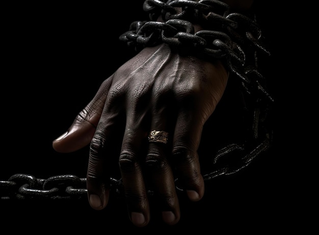 Closeup handMan prison shackle and chain in the jail violence concept