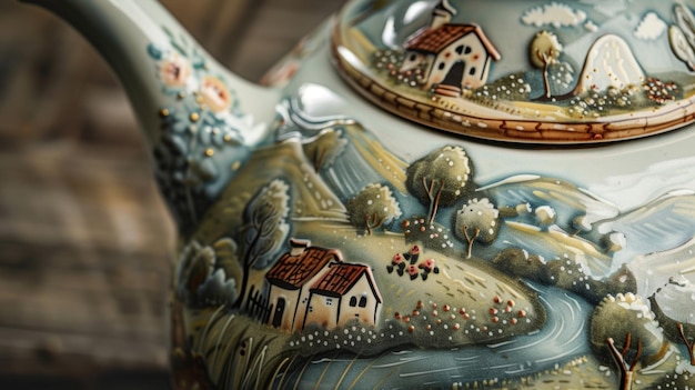 Photo a closeup of a handpainted ceramic teapot reveals a charming countryside motif with a quaint cottage