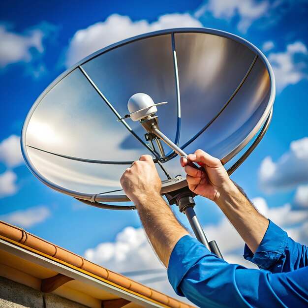 Photo closeup of hands adjusting a satellite dish