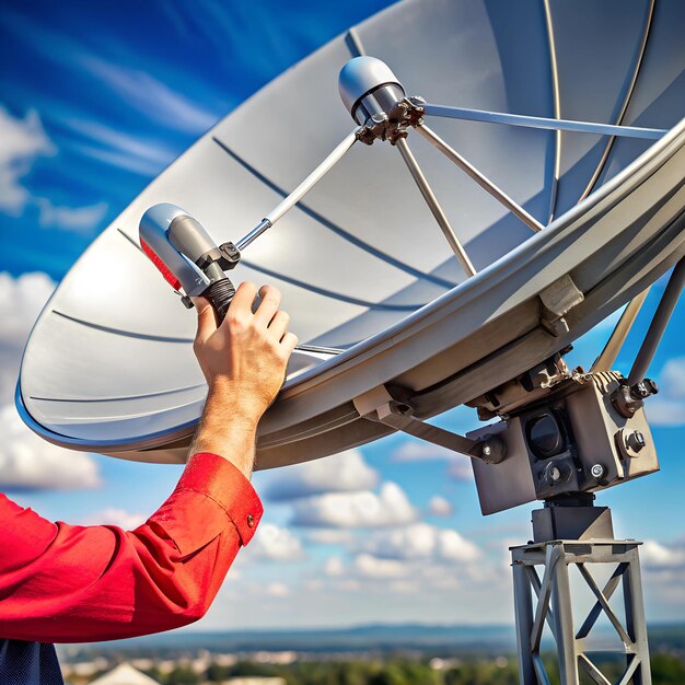 Photo closeup of hands adjusting a satellite dish