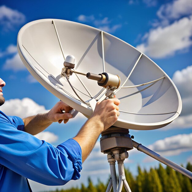 Photo closeup of hands adjusting a satellite dish