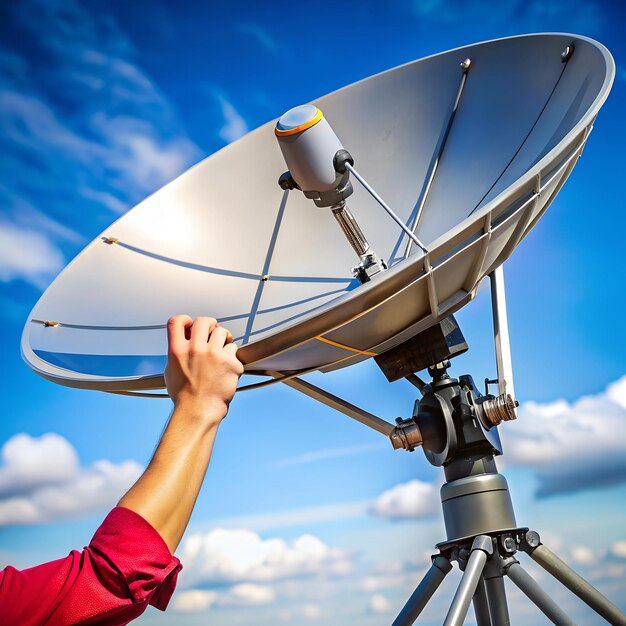 Photo closeup of hands adjusting a satellite dish