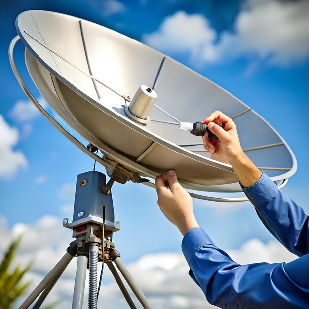 Photo closeup of hands adjusting a satellite dish