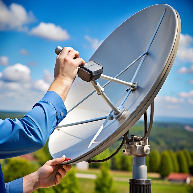 Photo closeup of hands adjusting a satellite dish