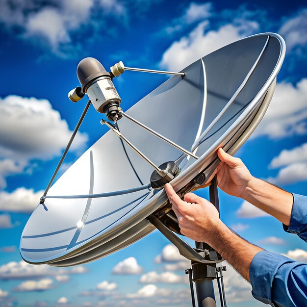 Photo closeup of hands adjusting a satellite dish