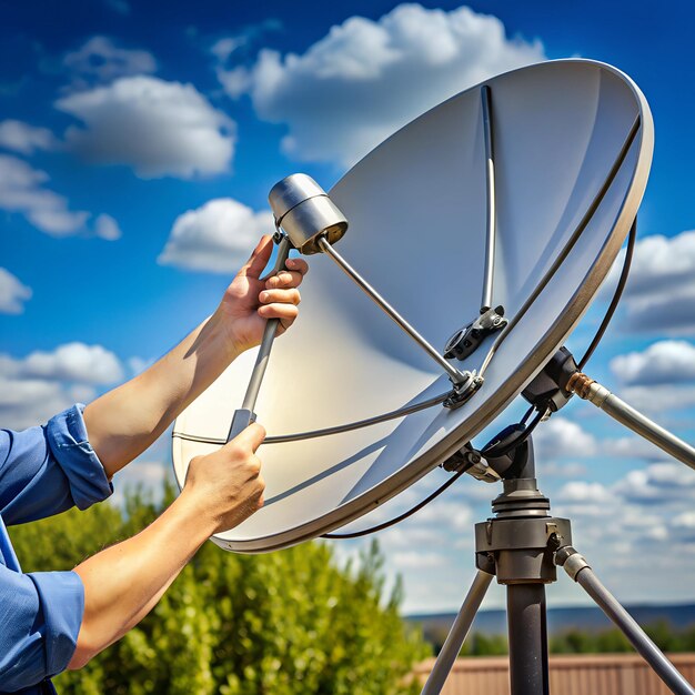 Photo closeup of hands adjusting a satellite dish