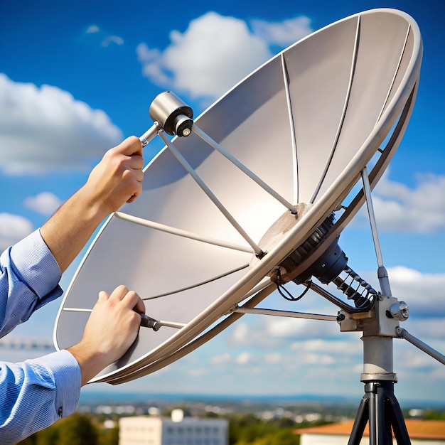 Photo closeup of hands adjusting a satellite dish