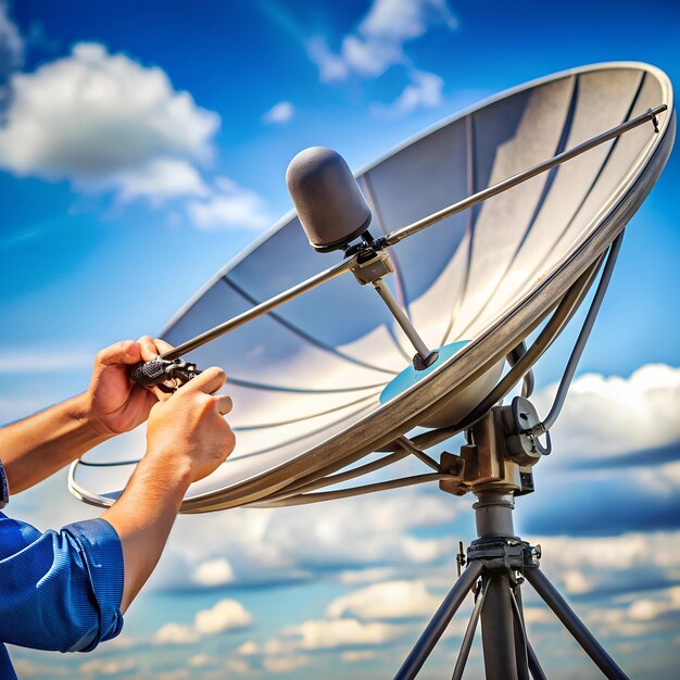 Photo closeup of hands adjusting a satellite dish