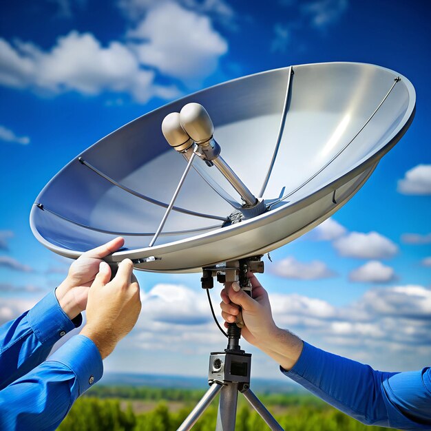 Photo closeup of hands adjusting a satellite dish