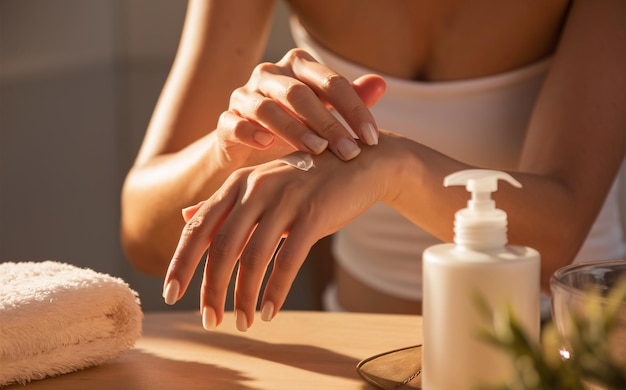 Photo closeup of hands applying luxurious cream soft elegant skincare background