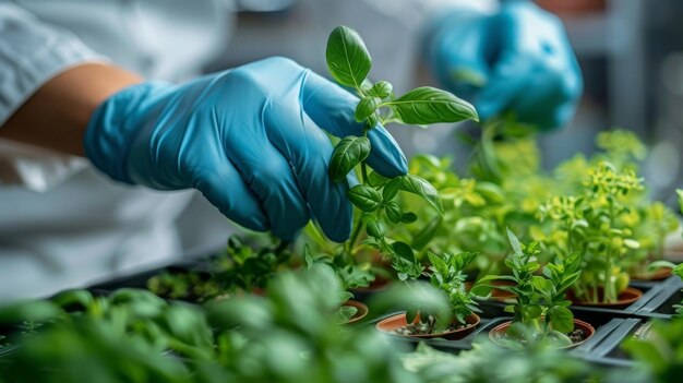 Closeup of hands in blue gloves tending to basil plants in pots