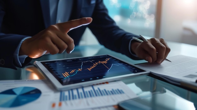 closeup hands of business professionals are analyzing financial charts on a tablet