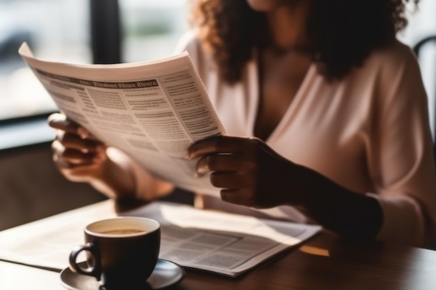 Closeup hands Businesswoman reading the latest news Generative AI