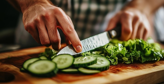 Photo closeup of hands chopping cucumber and lettuce