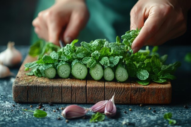 Photo closeup of hands chopping fresh cucumbers and mint on a wooden cutting board