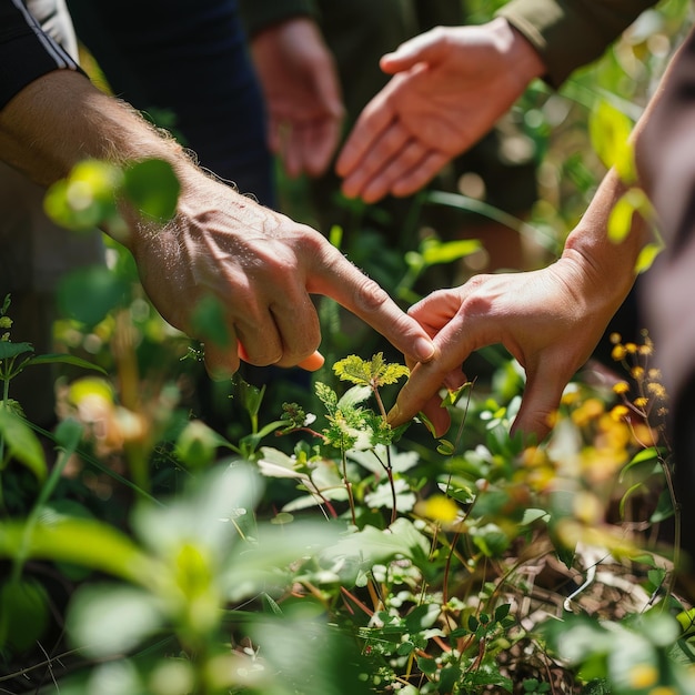 Closeup of hands collaborating in a green garden focusing on plant growth and teamwork during a sunny day