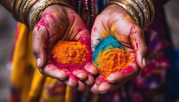 closeup of hands covered in various colored powders