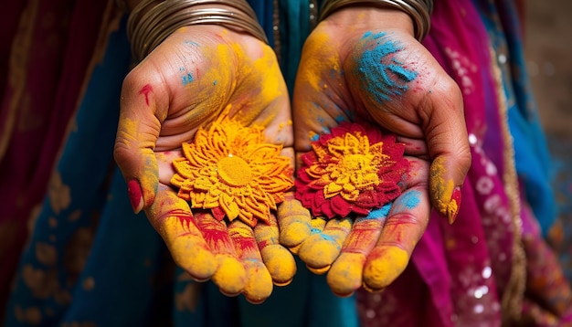 closeup of hands covered in various colored powders