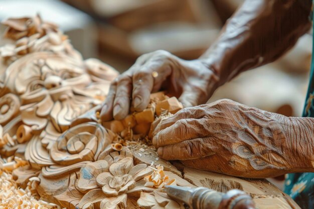 Photo a closeup of hands crafting a wooden sculpture