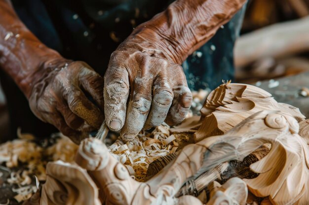 Photo a closeup of hands crafting a wooden sculpture