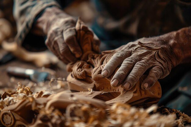 Photo a closeup of hands crafting a wooden sculpture