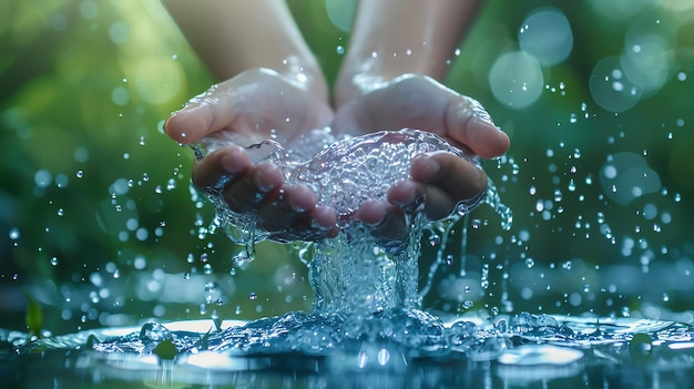 Closeup of hands cupping and pouring water creating a splash