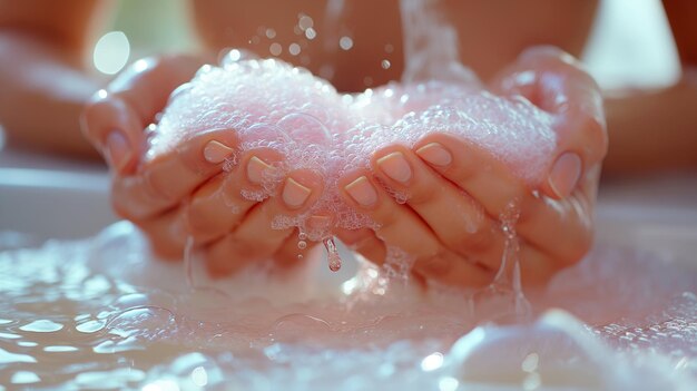 Photo closeup of hands cupping soapy foam emphasizing cleanliness and skincare in soft natural lighting