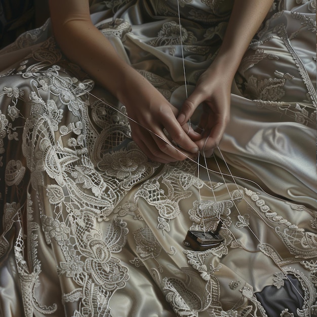 Photo closeup of hands delicately weaving threads on a lace fabric