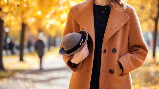 Photo closeup hands details of attractive stylish woman holding hat and sunglasses walking in park