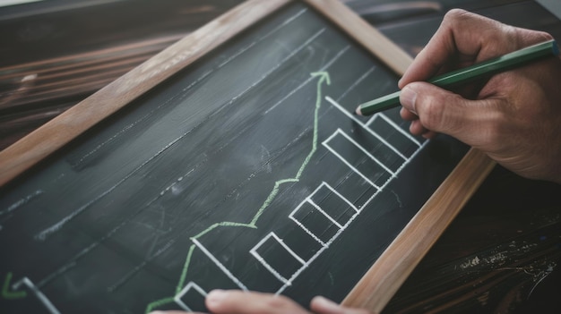 Photo a closeup of hands drawing an ascending graph on a chalkboard indicating growth and progress