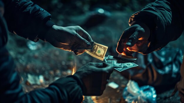 Photo a closeup of hands exchanging stolen goods and money in a dark secluded area