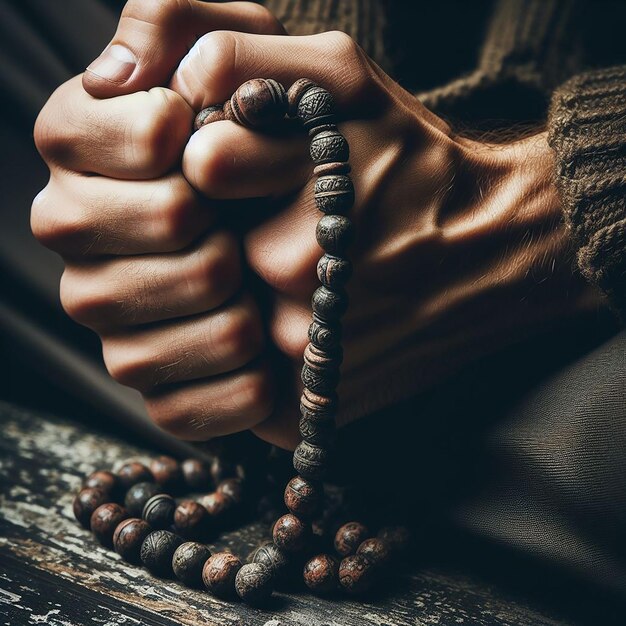 CloseUp of Hands Firmly Holding a Worn Tasbih Symbolizing Intense Depth of Prayer