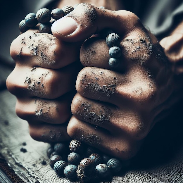 CloseUp of Hands Firmly Holding a Worn Tasbih Symbolizing Intense Depth of Prayer