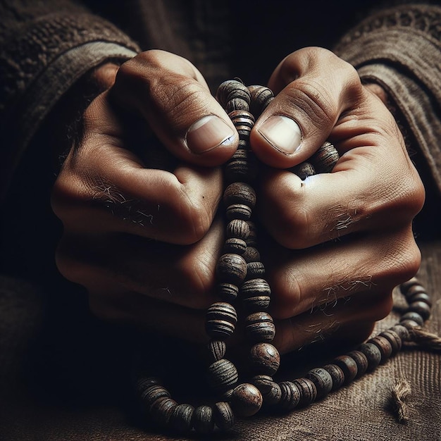 CloseUp of Hands Firmly Holding a Worn Tasbih Symbolizing Intense Depth of Prayer